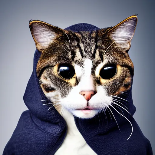 Prompt: a studio photograph of a cat wearing a hoodie,realistic,photorealistic,hyperdetailed,hyperrealistic,detailed face,highly detailed,professional photo,professional lighting,studio photo,studio lighting