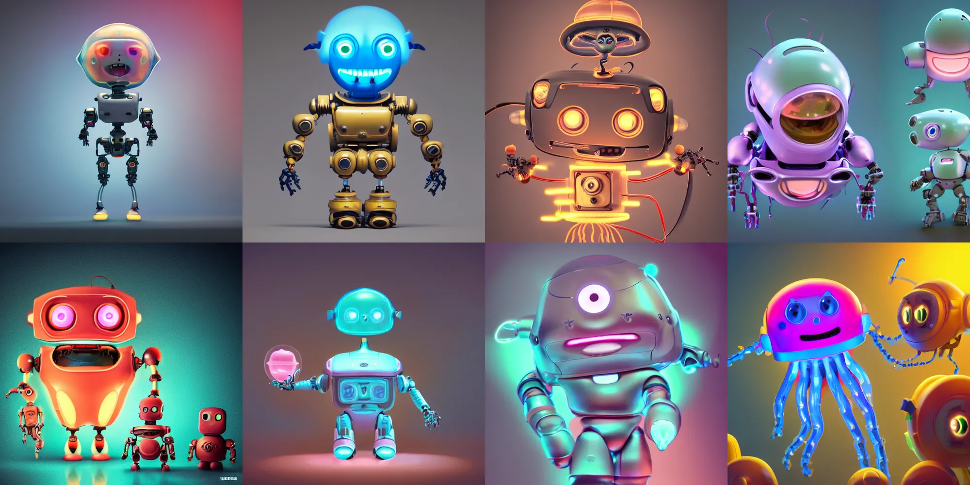 Prompt: funny, cute, cute, smiling, screaming, Tintoy Characterdesign Robot, mechabot neon jellyfish hard surface modelling, high details, by Eddie Mendoza, by Peter mohrbacher, Pictoplasma bioluminescent biomechanical halo, by jarold Sng, by disney, by tooth wu, octane render, cinematic light, high details, dichroic, cgsociety, by jonathan ive