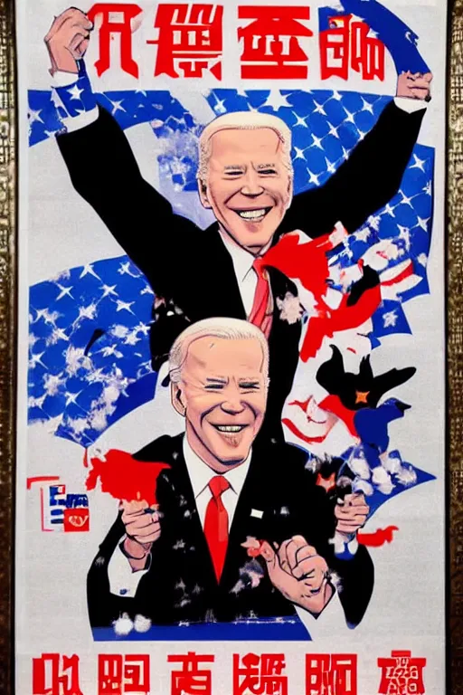 Image similar to an anti-American Chinese propaganda poster of the devil Joe Biden