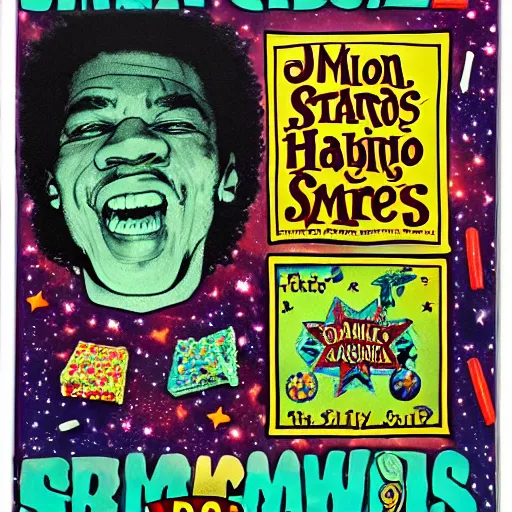 Prompt: stars that play with laughing sam's dice, the milky way express, jimi hendrix friendly neighborhood experience maker, stp, lsd, i, butterfly roller skates, mars candy bars, don't open that door!