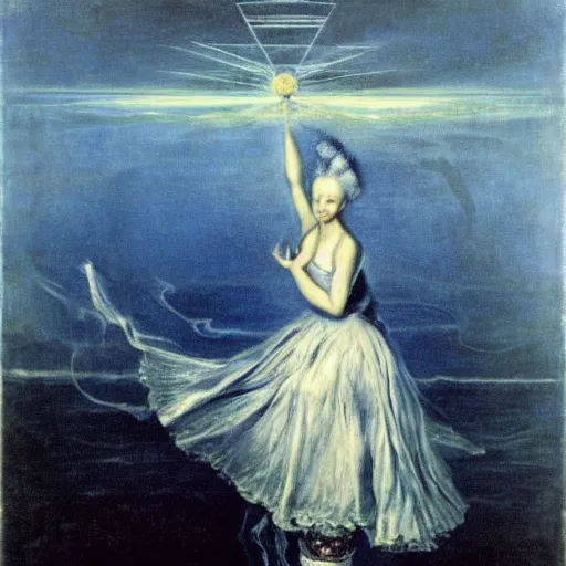 Image similar to Marie Antoinette levitating over the sea. El Greco, Remedios Varo, Salvador Dali, Carl Gustav Carus, John Atkinson Grimshaw. Blue tint. Symetrical, logo, geometric shapes.