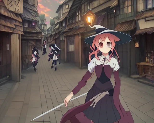 Image similar to key anime visual portrait of a young female witch walking through a busy village, dynamic pose, dynamic perspective, cinematic, dramatic lighting, muted colors, detailed silhouette, textured, finely detailed eyes, anime proportions, little witch academia