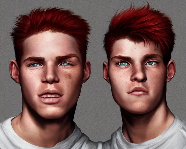 Image similar to portrait stocky of 1 9 - year - old male twins with red hair and freckles, two male, wearing shirts,, hyper realistic face, beautiful eyes, character art, art by mark brooks, hyperdetailed, cryengine, trending on artstation, digital art