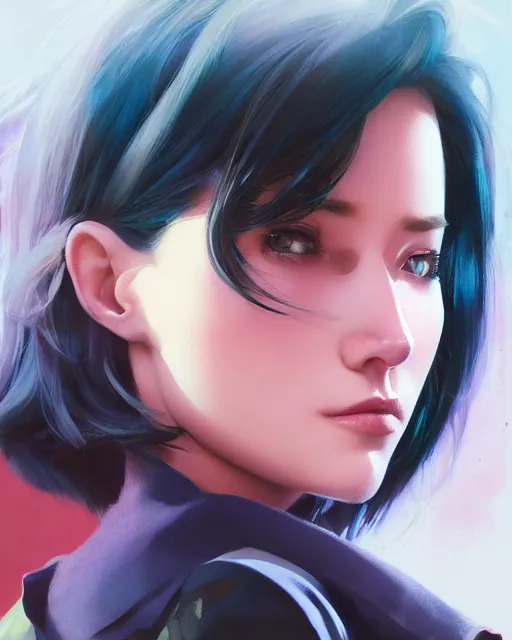 Image similar to cute - fine - face, pretty face, oil slick hair, realistic shaded perfect face, extremely fine details, by realistic shaded lighting, dynamic background, poster by ilya kuvshinov katsuhiro otomo, magali villeneuve, artgerm, jeremy lipkin and michael garmash and rob rey, and silvain sarrailh
