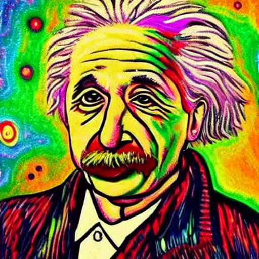 Prompt: “cosmic Albert Einstein with tongue out, tripping on lsd, style of Van Gogh painting”