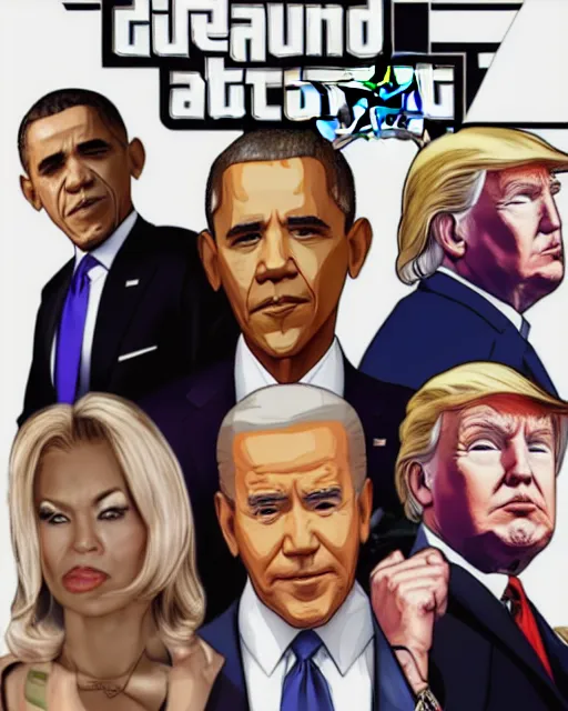 Image similar to GTA Cover Art, Obama, Biden, Trump