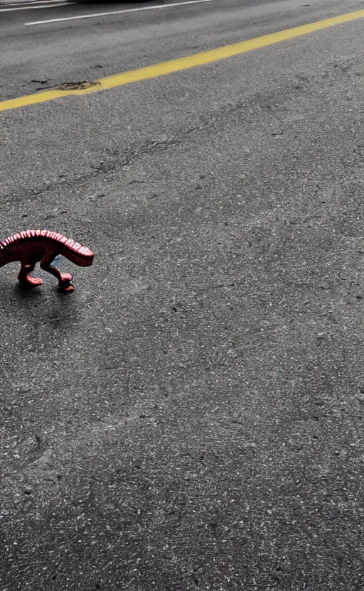 Image similar to a small dinosaur running cross the road, realistic, 3 5 mm, 4 k