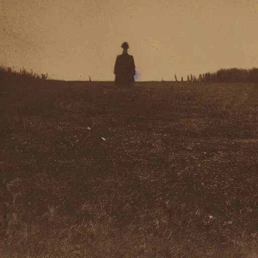 Image similar to old photo of a creepy landscape, mysterious figure in the distance