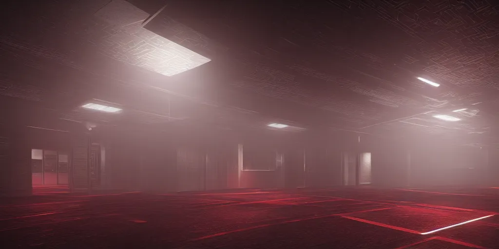 Prompt: a long angle shot of a big dark room with white lights on the celling and a long hallway at the end of the room with red lights on the celling, highly detailed, unreal engine, 4 k, dark, moody, foggy, game render, hyper realistic