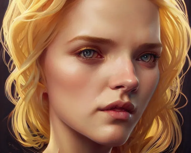 Image similar to portrait of blonde girl with mutiple heads, jump suit, vivid eyes, real life skin, intricate, elegant, highly detailed, artstation, concept art, smooth, sharp focus, art by artgerm and greg rutkowski and alphonse mucha