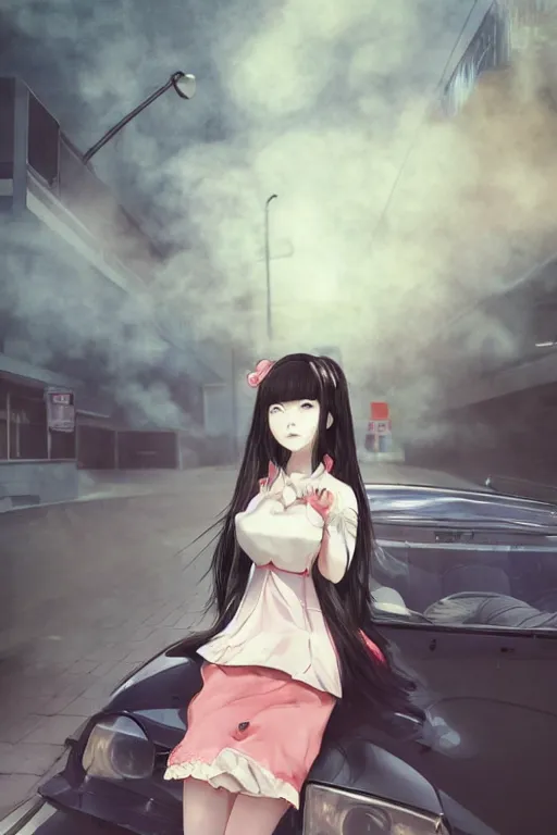 Image similar to art by D. Jun, by Mo Xiang Tong Xiu, Infrared Unreal Engine render, cute girls in Japanese maid's clothes and smoking inside a JDM car in the rain at night in a parking lot, anime vintage colors, polaroid, foggy, smoke, steam, parov, trending on artstation, volumetric light, cinematic render, ultra realistic, oil painting
