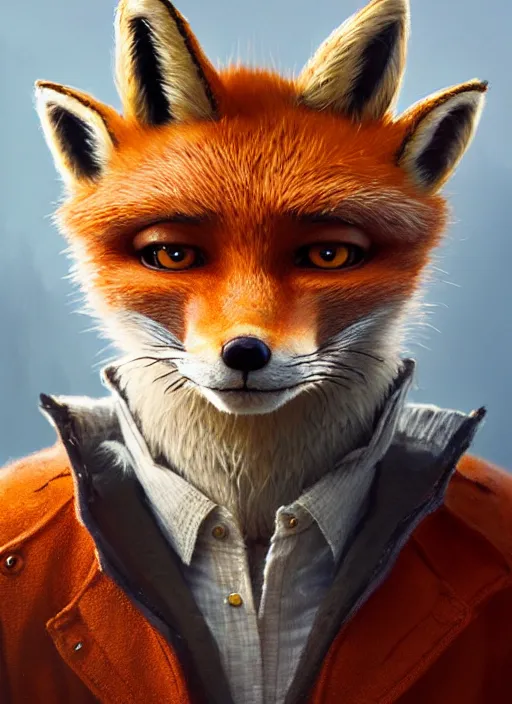 Image similar to highly detailed portrait of fantastic mr fox, by stephen bliss, unreal engine 5, fantasy art by greg rutkowski and loish rhads ferdinand.