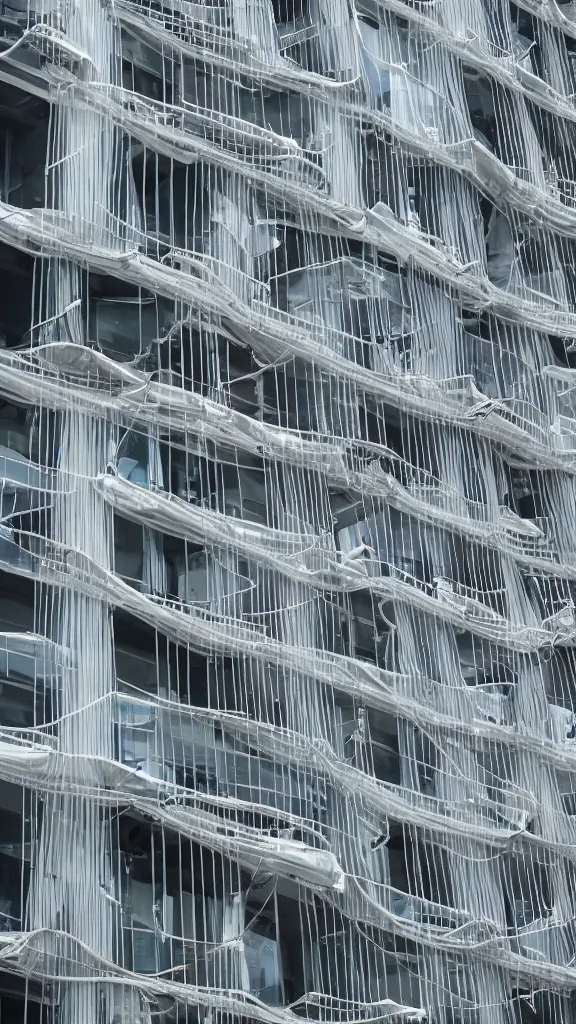 Prompt: hyperrealistic photo of a futuristic building in a urban setting. the building has many large balconies with hanging plants and large windows. parts of the building are wrapped in billowing fabric made of thin pipes. the pipes are translucent mesh with large holes for balconies and windows. the fabric hangs from metal scaffolding. sharp focus. 8 k