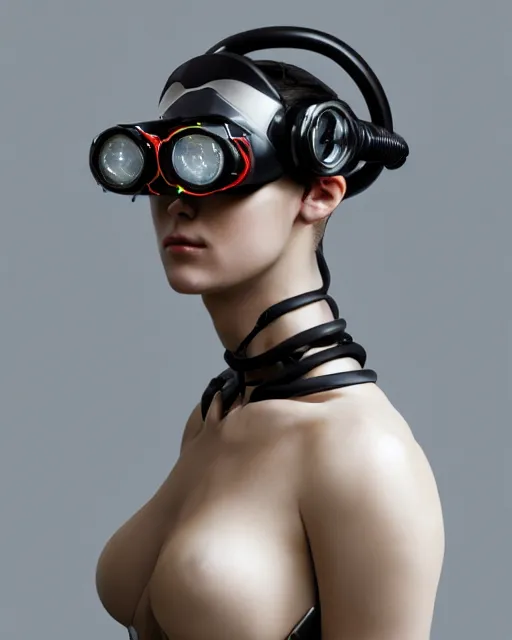 Prompt: 3 / 4 portrait photo by bouguereau of female dancer as a cyberpunk mecha humanoid robotic parts wearing goggles with straight led lights over neck, inside white room, ultra - realistic and detailed, 8 k