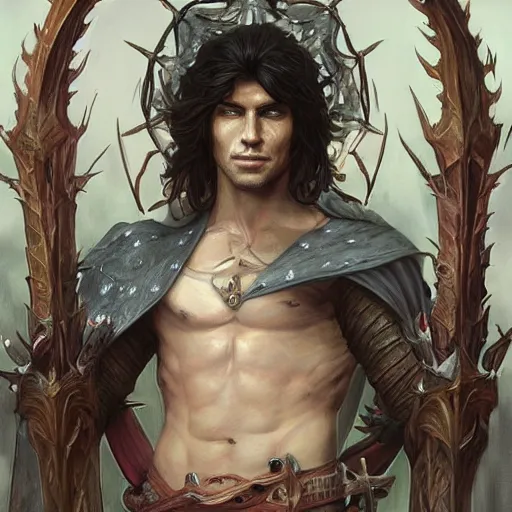 Prompt: male latino beautiful medieval cleric druid, firemagic, fire spell, athletic, Dark Souls character, highly detailed, digital fantasy character, painted portrait, biceps, muscular, artstation, concept art, hard focus, illustration, art by artgerm and greg rutkowski and Alphonse Mucha and Craig Mullins, James Jean, Andrey Ryabovichev, Mark Simonetti and Peter Morbacher 16k