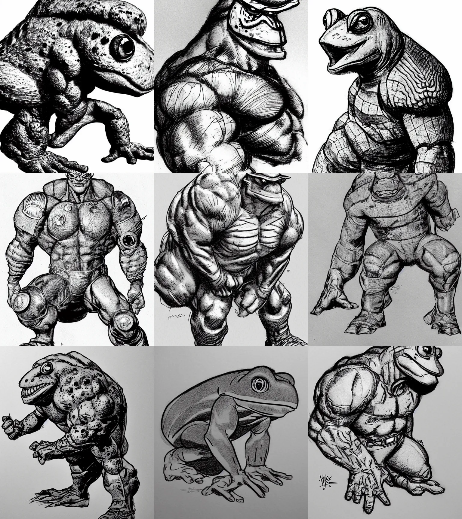Prompt: toad animal!!! jim lee!!! sideview full shot!! flat grayscale ink sketch by jim lee close up in the style of jim lee, ( attention pose ) cyborg! rugged knight hulk toad animal superhero by jim lee, real photograph style