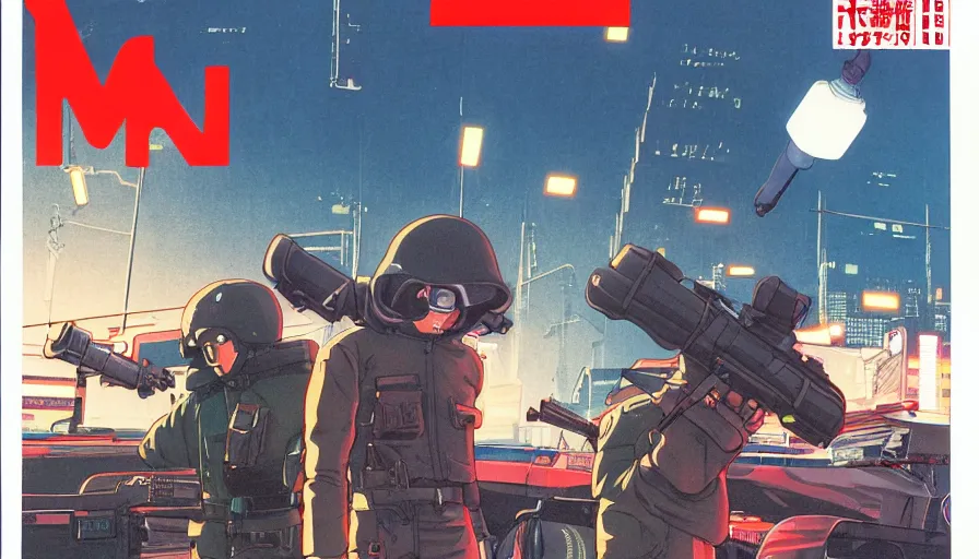 Prompt: 1989 OMNI Magazine Cover Illustration of neo-Tokyo bank robbery movie, Bank Robbery, Anime, Highly Detailed, Special Forces Security, Searchlights, Boat Dock, Special Agent, Water, Akira Color Palette, Inspired by Akira + MGS2 + FLCL, 8k :4 by Vincent Di Fate + Arc System works + Katsuhiro Otomo : 8