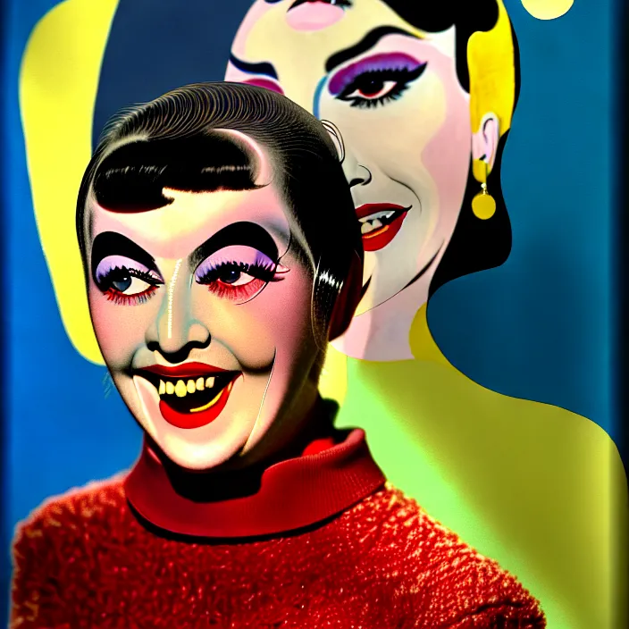 Image similar to ultra quality and ultra details, ultra great 1960s French color cinematography, ultra brilliant everything painting of a Ultra great portrait of a sarcastic yé-yé chanteuse with ultra great facial features, ultra greatly styled thick eyebrows, dark shadows under tired eyes, friendly bright eyes, sweater and shorts, laughing at the viewer, stylistically like old French youth movies from the 1960s, softly shadowed, enjoyable, with quality provio, student art project 1986.