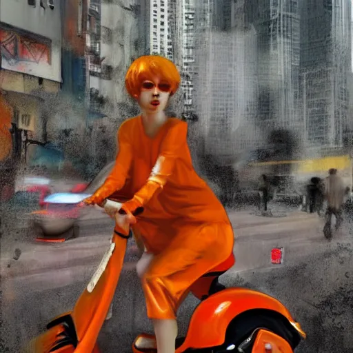 Image similar to the orange - haired vespa queen in hong kong, by stina persson and ruan jia
