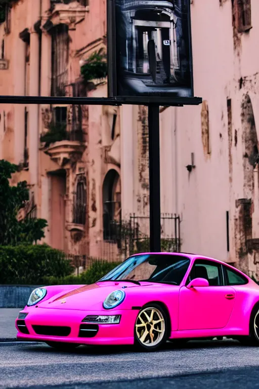 Prompt: Photo of a pink Porsche 911 Carrera 3.2 parked on the road with a Versace Store in the background in the background, wide shot, poster, rule of thirds, photo print, golden hour, daylight, vibrant, volumetric lighting, award winning