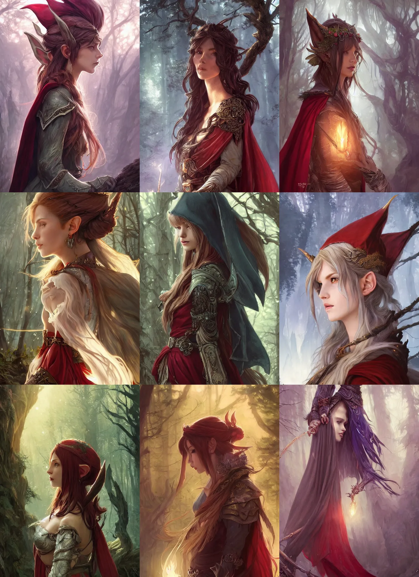 Prompt: side portrait high-fantasy elf girl, adventurer outfit large cloak, fantasy forest landscape, moonshine, fantasy magic, feathery red hair, dark light night, intricate, elegant, sharp focus, illustration, highly detailed, digital painting, concept art, matte, art by WLOP and Artgerm and Greg Rutkowski and Alphonse Mucha, masterpiece