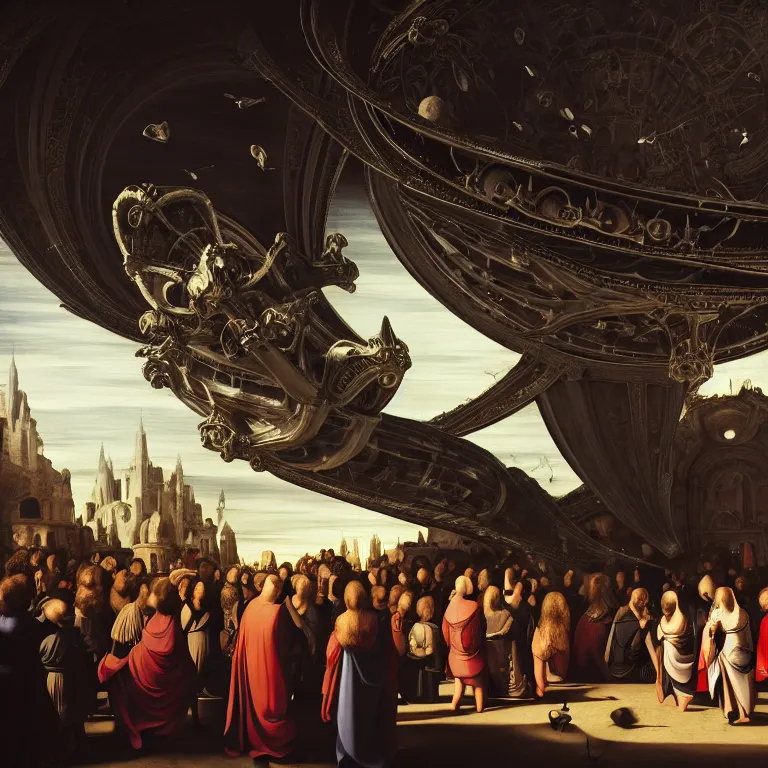 Prompt: crowd of medieval people surrounding crashed UFO ribbed spaceship, dream-like atmosphere, baroque landscape painting, perfect portrait composition, beautiful detailed intricate insanely detailed octane render trending on Artstation, 8K artistic photography, photorealistic, soft natural volumetric cinematic perfect light, chiaroscuro, award-winning photograph, masterpiece, Raphael, Caravaggio, Greg Rutkowski, Beeple