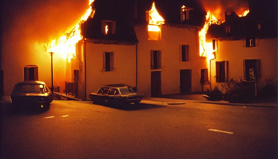 Image similar to 1 9 7 0 s movie still of a burning french style townhouse in a small french village by night, cinestill 8 0 0 t 3 5 mm, heavy grain, high quality, high detail, dramatic light, anamorphic, flares