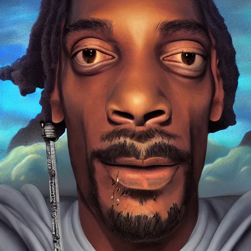 Prompt: colossal god snoop dog is smoking in the clouds, coming out smoke in cloud shapes, highly detailed, digital painting, artstation, octane render, matte, sharp focus, impressionist painting