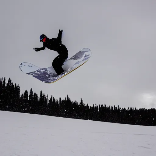 Prompt: a snowboarding soaring through the sky after picking up too much speed