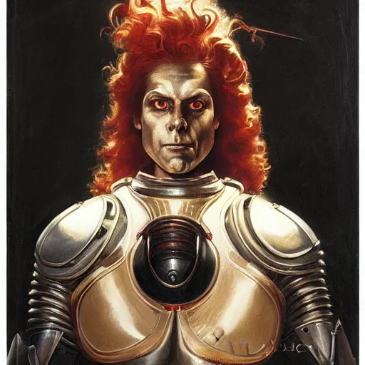 Prompt: oil painting of a pale menacing Apollo with long curly blond hair and piercing red glowing eyes, powerful sci fi centurion in tall jagged black plate armor, cinematic chiaroscuro creeping darkness, by J.C leyendecker and norman rockwell