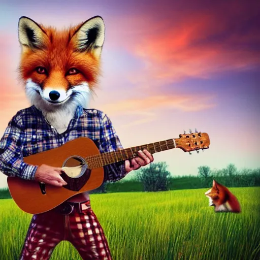 Image similar to a female fluffy anthropomorphic fox animal, head of fox, wearing cowboy hat, wearing plaid shirt, playing guitar, in a field, barn in background, album cover style