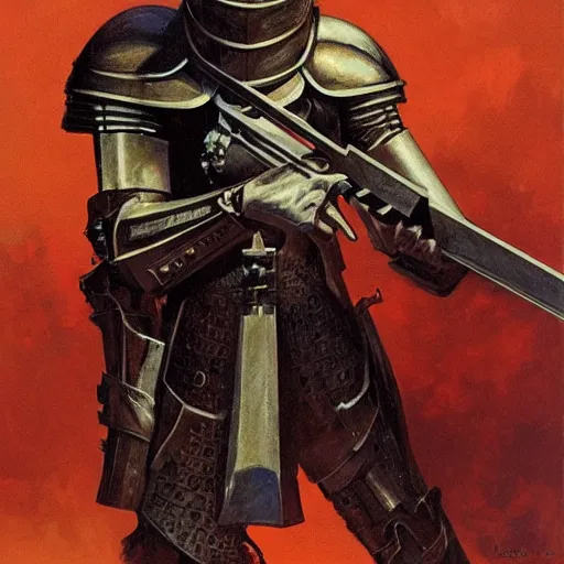 Image similar to Knight inspecting a modern weapon, by Gerald Brom