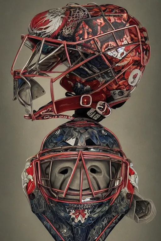 Image similar to a portrait of a hockey goalie helmet with a japanese devil skull animal illustrated by miyazaki by karol bak, james jean, tom bagshaw, rococo, sharp focus, trending on artstation, cinematic lighting, hyper realism, octane render, 8 k, hyper detailed, vivid, ultra detailed, highly detailed