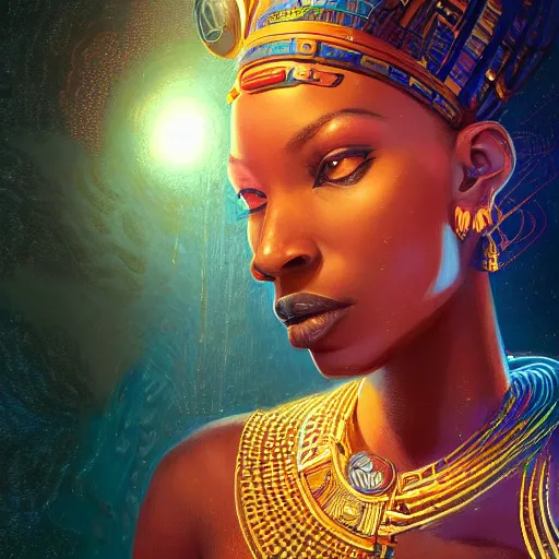 Image similar to highly detailed portrait of an african neon egyptian goddess, intricate alien technology, stephen bliss, unreal engine, fantasy art by greg rutkowski, loish, rhads, ferdinand knab, makoto shinkai and lois van baarle, ilya kuvshinov, rossdraws, tom bagshaw, global illumination, radiant light, detailed and intricate environment