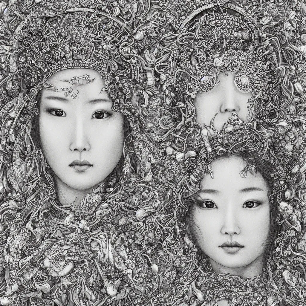 Image similar to hyper realistic portrait photo of ameterasu the sun goddess of japan, portrait shot, intricate detail