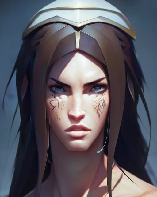 Image similar to azctec warrior, megan fox, detailed perfect face, exquisite details, fire magic, mid view, design on a white background, by studio muti, greg rutkowski makoto shinkai takashi takeuchi studio ghibli