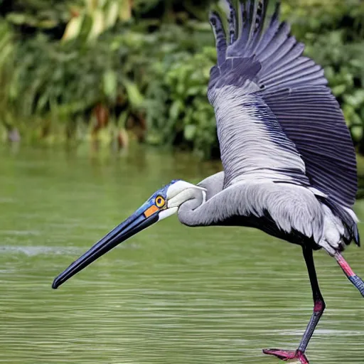 Image similar to shoebill stork chasing james corden, realistic,