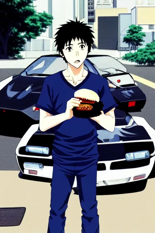 Image similar to very serious ryosuke takahashi with black hair wearing a dark blue shirt and white pants eating a cheeseburger stands leaning on his white mazda rx 7, initial d anime screenshot, initial d anime 1 0 8 0 p, detailed anime face, high detail, 9 0 s anime aesthetic