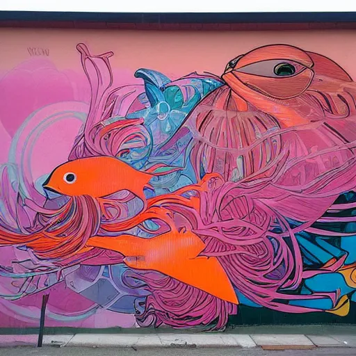 Prompt: an enormous mural in pink and orange, many colorful birds and exuberant fish mixing and blending, urban Street art by refreshink, l7m, pantone, ghibli, alphonse mucha,