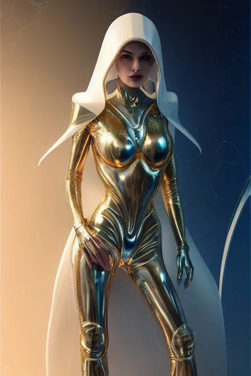 Image similar to detailed portrait ultra glam cyber noun, attractive feminine curves, gorgeous, intricate, scifi, futuristic, elegant cape, elegant, alien room background, white, blue, gold, photorealism, trending on artstation, holy halo, advanced technology, art by moebius and vitaly bulgarov and chanthara