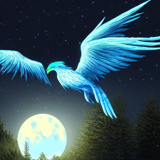 Prompt: Glowing Blue Phoenix Flying in Front of the Bright Full Moon Over the Forest at Night, Digital Art, HDR, Artstation