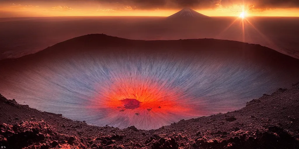 Prompt: amazing landscape photo of astronaut!!! standing on the volcano crater at sunrise by Charlie Waite and Marc Adamus beautiful dramatic lighting, surrealism