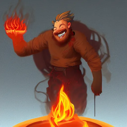 Image similar to Illustration of the King of ashes, he is casting a huge fireball while laughing with a crazy look by Julen Urrutia, trending on artstation