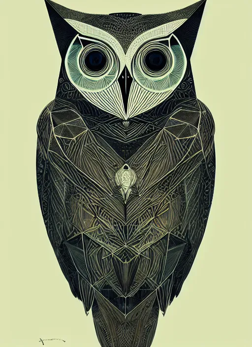 Image similar to portrait of a geometric owl, identical eyes, medium shot, illustration, full body made of white feathers, symmetrical, art stand, super detailed, cinematic lighting, and its detailed and intricate, gorgeous, by peter mohrbacher