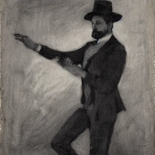 Image similar to portrait of an action hero mage in suit and tie, raising his hand, channeling magic, by alfred stevens in charcoal