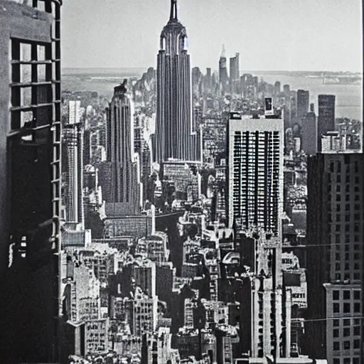 Image similar to gigapikachu attacking the empire state building, 1960s monster movie