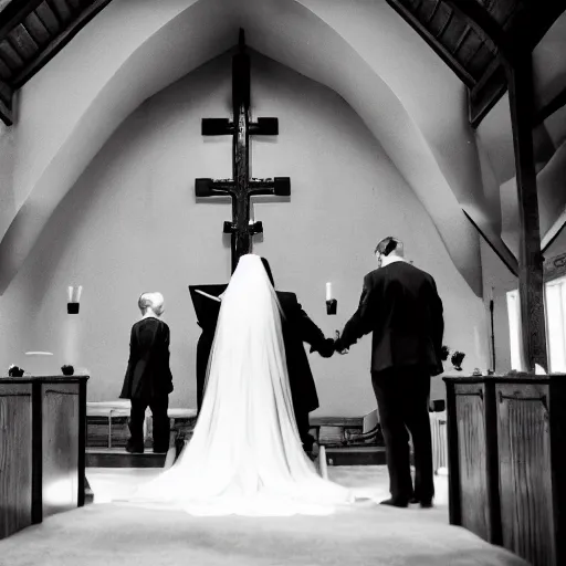 Image similar to a rhinoceros wearing a tiny suit in a wedding chapel, photo realistic, black and white, detailed, cinematic lighting