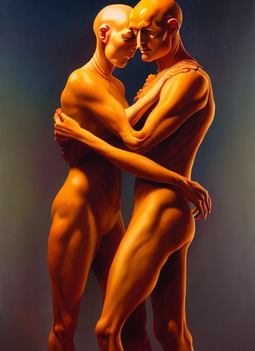 Prompt: a strange, biomorphic painting of two humanoid figures entwined and draped in silk, in the style of charlie immer, by greg hildebrandt, mark brooks, highly detailed, dramatic, emotionally evoking, head in focus, volumetric lighting, oil painting, timeless disturbing masterpiece