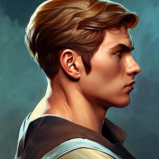 Image similar to character concept, portrait, symmetrical head - on centralized, young man with strong body. detailed, high quality, dynamic lightning, fantasy, scenematic. artwork by artgerm, wlop, alex ross, greg rutknowski, alphonse mucha