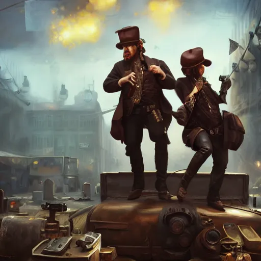 Image similar to oil painting of two hamsters holding guns, berets, medium shot, steampunk clothes, steampunk city background, sharp focus, fantasy style, octane render, volumetric lighting, 8k high definition, by greg rutkowski, highly detailed, trending on art Station, explosions, centered